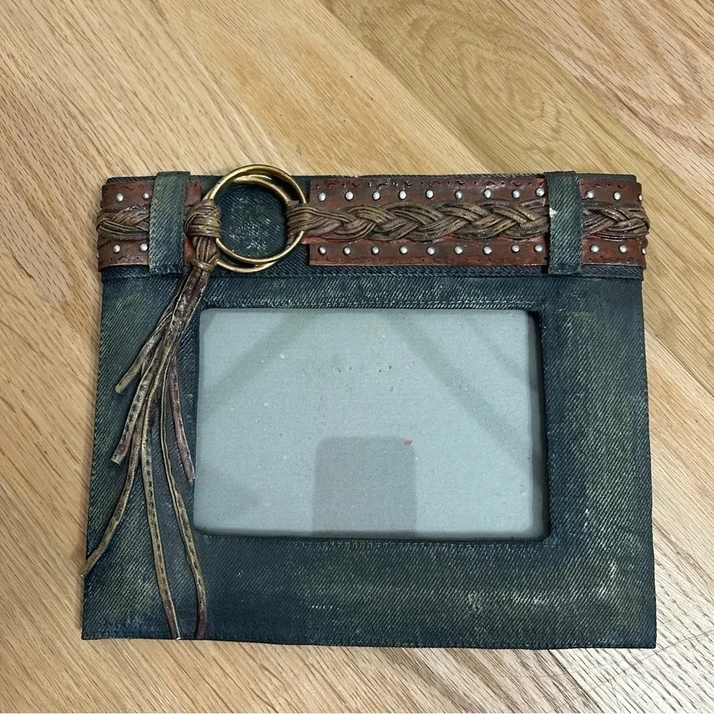 Denim Jean Picture Frame Belted Boho Grunge 4x6 Blue Brown
